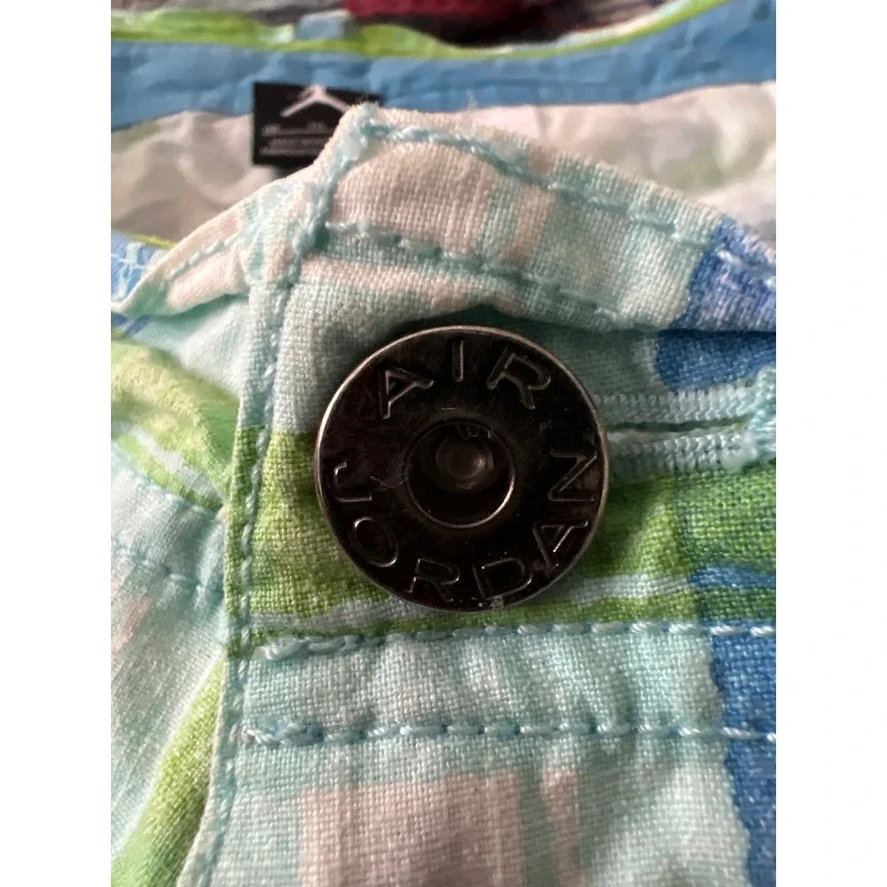 Jordan Mens Plaid Cargo Shorts Blue Green White Size 38 Cotton Jumpman Y2K Retro